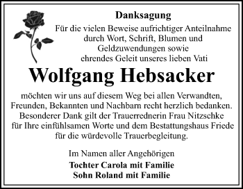 Traueranzeige von Wolfgang Hebsacker von Super Sonntag Dessau-Roßlau