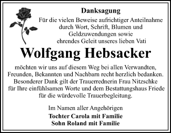 Traueranzeige von Wolfgang Hebsacker von Mitteldeutsche Zeitung Dessau-Roßlau