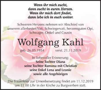 Traueranzeige von Wolfgang Kahl von Mitteldeutsche Zeitung Weißenfels