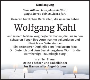 Traueranzeige von Wolfgang Kahl von Wochenspiegel Weißenfels