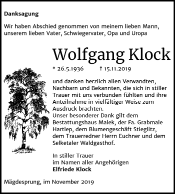 Traueranzeige von Wolfgang Klock von Super Sonntag Quedlinburg