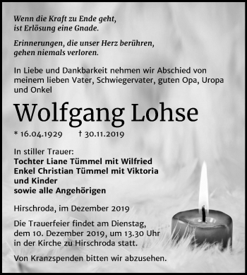 Traueranzeige von Wolfgang Lohse von Mitteldeutsche Zeitung Naumburg/Nebra