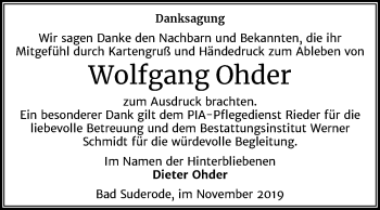 Traueranzeige von Wolfgang Ohder von Mitteldeutsche Zeitung Quedlinburg