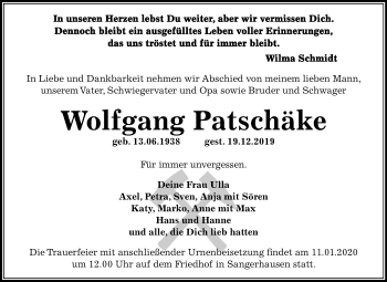 Traueranzeige von Wolfgang Patschäke von Mitteldeutsche Zeitung Sangerhausen
