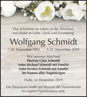 Traueranzeige von Wolfgang Schmidt von Mitteldeutsche Zeitung Halle/Saalkreis