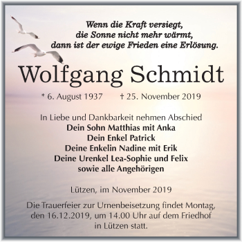 Traueranzeige von Wolfgang Schmidt von Wochenspiegel Weißenfels