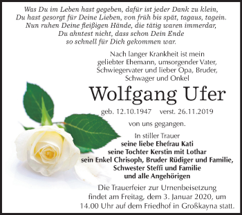 Traueranzeige von Wolfgang Ufer von Wochenspiegel Merseburg/Querfurt