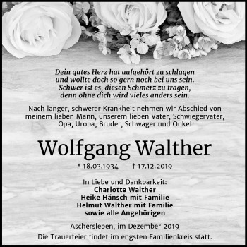 Traueranzeige von Wolfgang Walther von Super Sonntag Aschersleben