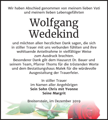 Traueranzeige von Wolfgang Wedekind von Super Sonntag Sangerhausen