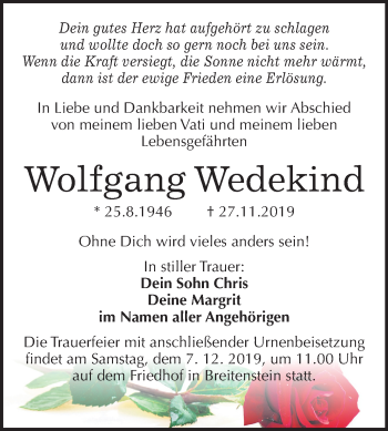 Traueranzeige von Wolfgang Wedekind von Wochenspiegel Sangerhausen