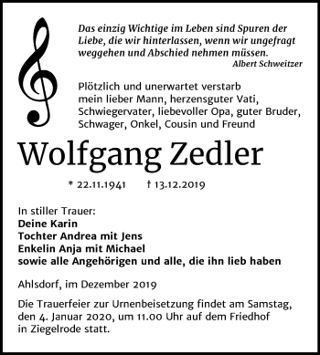 Traueranzeige von Wolfgang Zedler von Mitteldeutsche Zeitung Mansfelder Land