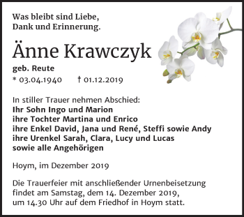 Traueranzeige von Änne Krawczyk von Super Sonntag Aschersleben