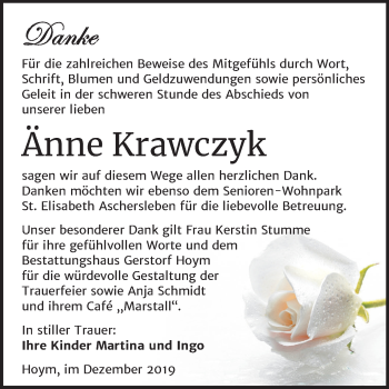 Traueranzeige von Änne Krawczyk von Super Sonntag Aschersleben