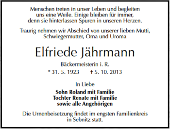 Traueranzeige von Elfriede Jährmann von Mitteldeutsche Zeitung Naumburg/Nebra