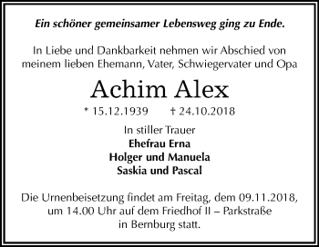 Traueranzeige von Achim Alex von Mitteldeutsche Zeitung Bernburg