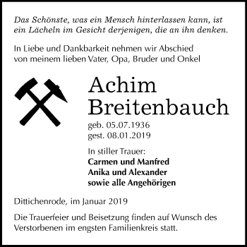 Traueranzeige von Achim Breitenbauch von Super Sonntag SGH Mansf. Land