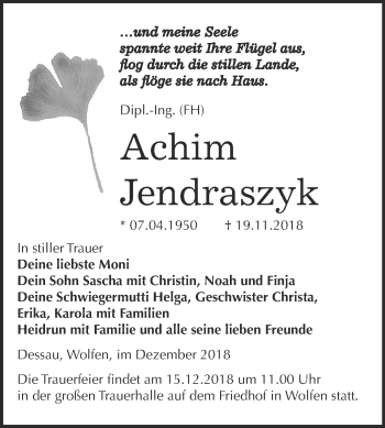Traueranzeige von Achim Jendraszyk von WVG - Wochenspiegel Bitterfeld