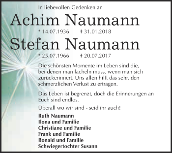 Traueranzeige von Achim und Stefan Naumann von WVG - Wochenspiegel Dessau / Köthen