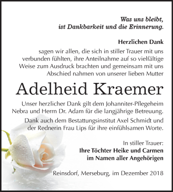Traueranzeige von Adelheid Kraemer von Mitteldeutsche Zeitung Naumburg/Nebra