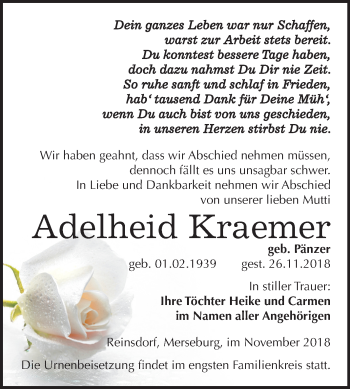 Traueranzeige von Adelheid Kraemer von Mitteldeutsche Zeitung Naumburg/Nebra