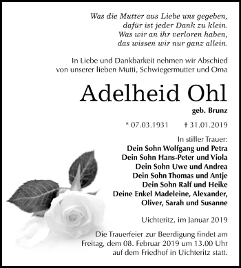 Traueranzeige von Adelheid Ohl von Mitteldeutsche Zeitung Weißenfels