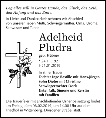 Traueranzeige von Adelheid Pludra von Mitteldeutsche Zeitung