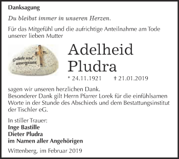 Traueranzeige von Adelheid Pludra von WVG - Wochenspiegel Wittenberg