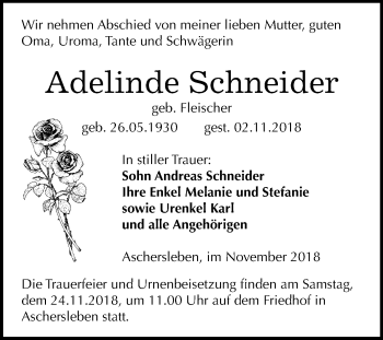 Traueranzeige von Adelinde Schneider von Mitteldeutsche Zeitung Aschersleben