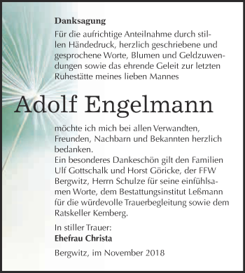 Traueranzeige von Adolf Engelmann von WVG - Wochenspiegel Wittenberg
