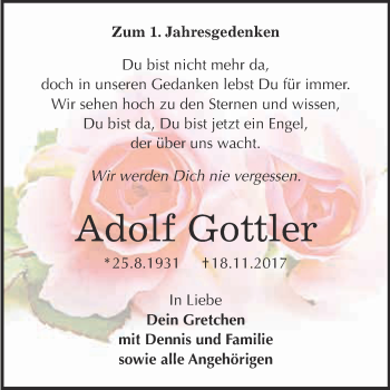 Traueranzeige von Adolf Gottler von Super Sonntag Wittenberg