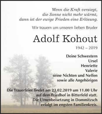 Traueranzeige von Adolf Kohout von WVG - Wochenspiegel Bitterfeld