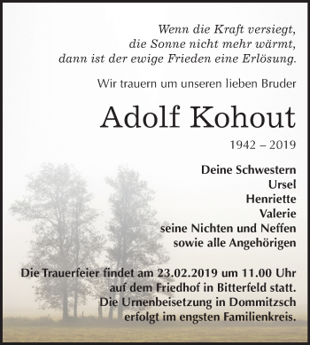Traueranzeige von Adolf Kohout von Mitteldeutsche Zeitung Bitterfeld