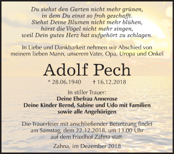 Traueranzeige von Adolf Pech von Mitteldeutsche Zeitung Wittenberg