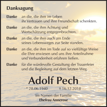 Traueranzeige von Adolf Pech von Mitteldeutsche Zeitung Wittenberg
