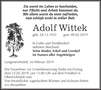 Traueranzeige von Adolf Wittek von WVG - Wochenspiegel Merseburg