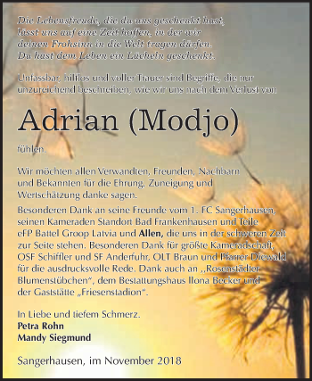 Traueranzeige von Adrian  von Super Sonntag SGH Mansf. Land