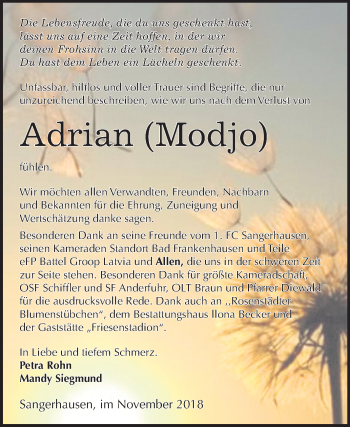 Traueranzeige von Adrian  von Mitteldeutsche Zeitung Sangerhausen