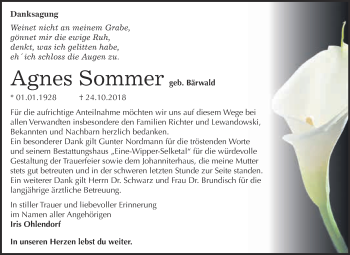 Traueranzeige von Agnes Sommer von Wochenspiegel Mansfelder Land