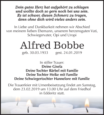 Traueranzeige von Alfred Bobbe von Mitteldeutsche Zeitung Köthen