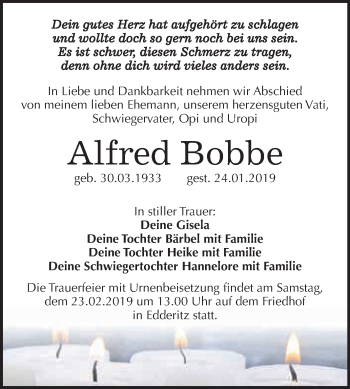 Traueranzeige von Alfred Bobbe von WVG - Wochenspiegel Dessau / Köthen