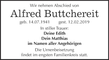 Traueranzeige von Alfred Buttchereit von WVG - Wochenspiegel Wittenberg