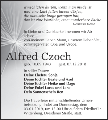 Traueranzeige von Alfred Czoch von WVG - Wochenspiegel Wittenberg