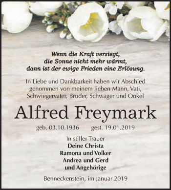Traueranzeige von Alfred Freymark von WVG - Wochenspiegel Quedlinburg