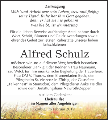 Traueranzeige von Alfred Schulz von WVG - Wochenspiegel Bitterfeld