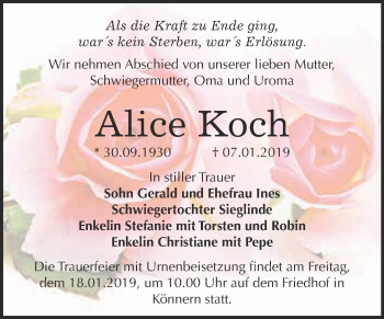 Traueranzeige von Alice Koch von Super Sonntag Bernburg
