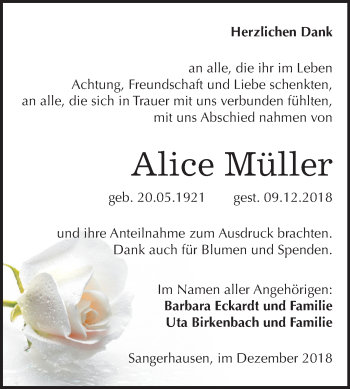 Traueranzeige von Alice Müller von Mitteldeutsche Zeitung Sangerhausen