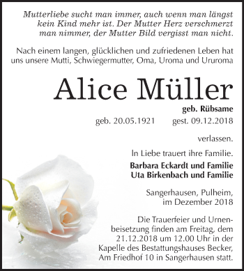 Traueranzeige von Alice Müller von Mitteldeutsche Zeitung Sangerhausen