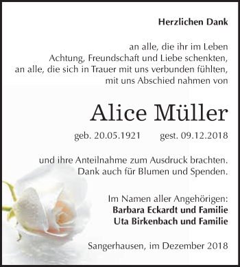 Traueranzeige von Alice Müller von Super Sonntag SGH Mansf. Land