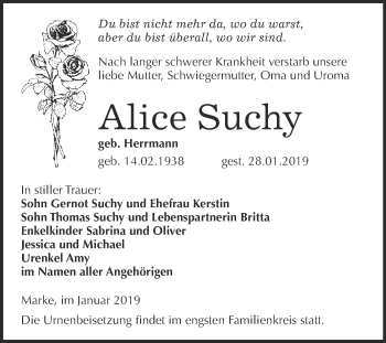 Traueranzeige von Alice Suchy von WVG - Wochenspiegel Bitterfeld