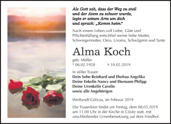 Traueranzeige von Alma Koch von WVG - Wochenspiegel Dessau / Köthen